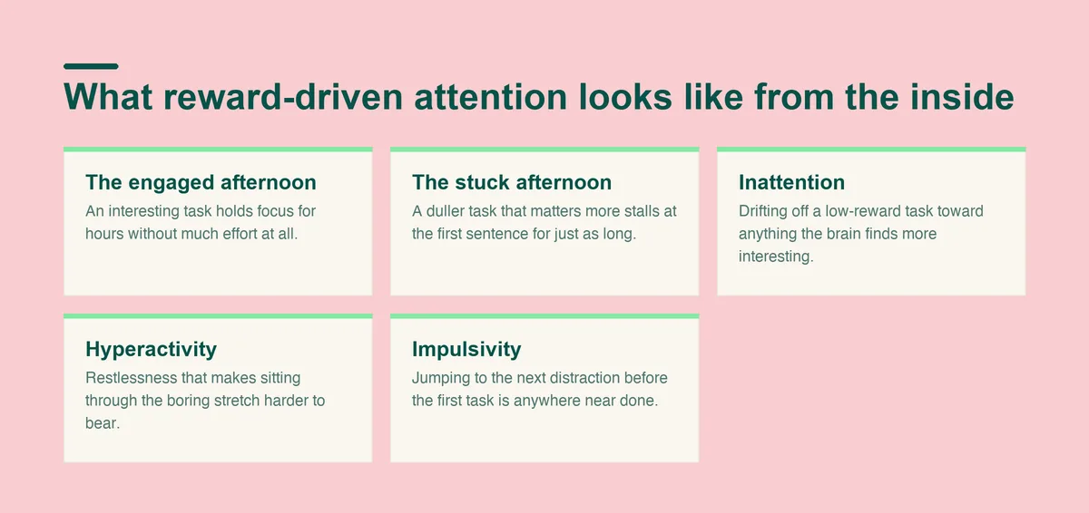 Reward-driven attention shown as two different afternoons plus the three ADHD symptoms underneath: inattention, hyperactivity and impulsivity