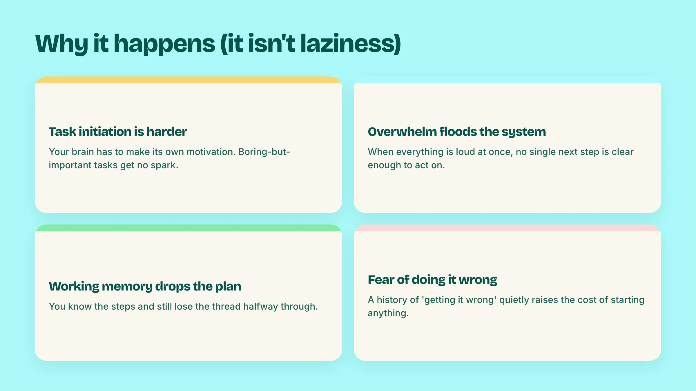 Four reasons ADHD paralysis happens: hard task initiation, overwhelm, working memory, fear of doing it wrong