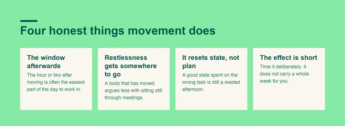 Four honest effects of movement on an ADHD day: a workable window afterwards, an outlet for restlessness, a reset of state rather than plan, and a short-lived effect