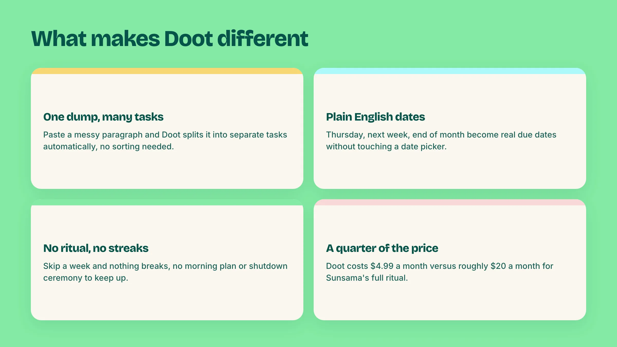 Four cards showing what makes Doot different from Sunsama for messy ADHD days